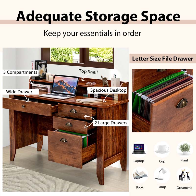 Eletriclife Vintage Computer Desk with Storage Shelves and 4 Drawers Rustic Brown