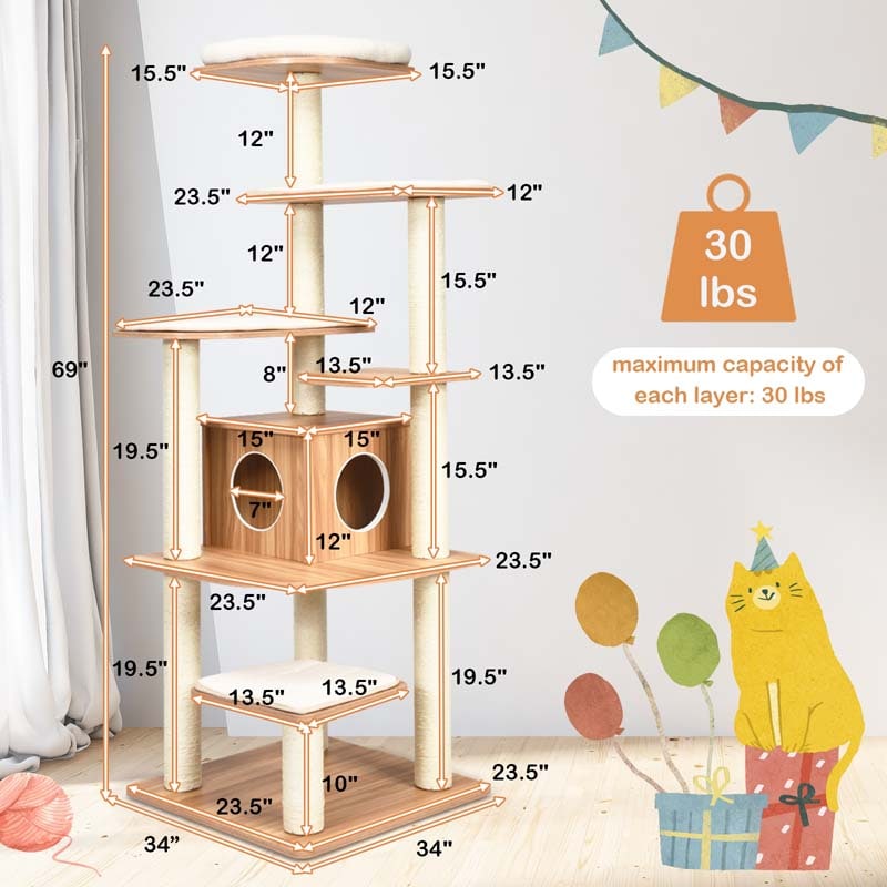 Eletriclife Wood Multi-Layer Platform Cat Tree with Scratch Resistant Rope