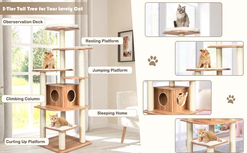 Eletriclife Wood Multi-Layer Platform Cat Tree with Scratch Resistant Rope