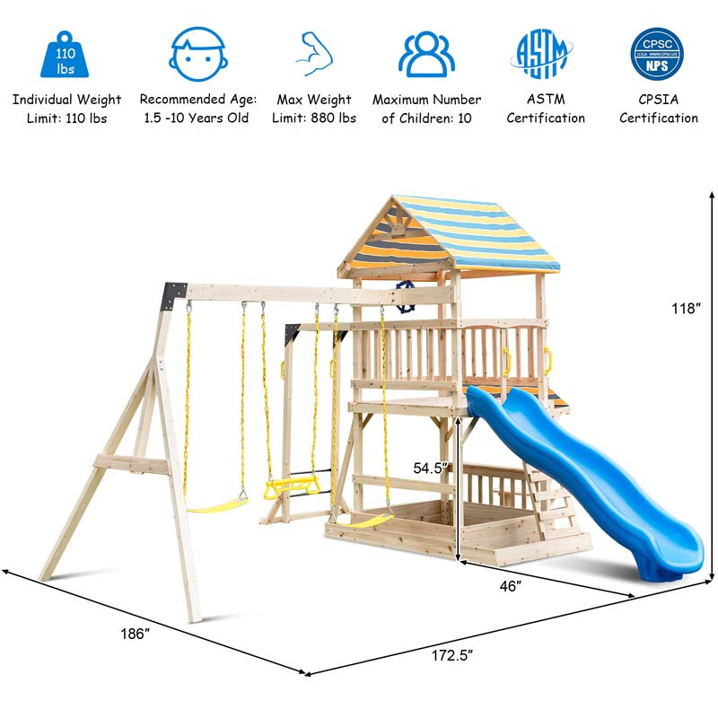 Eletriclife Wooden Swing Set with Large Upper Deck Slide and Steering Wheel