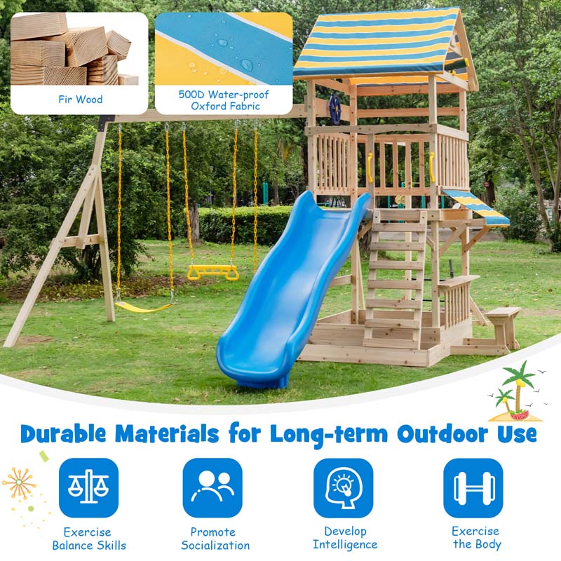 Eletriclife Wooden Swing Set with Large Upper Deck Slide and Steering Wheel