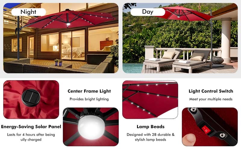 Eletriclife 10 Feet Cantilever Solar Umbrella 28LED Lighted Patio Offset Tilt 360°