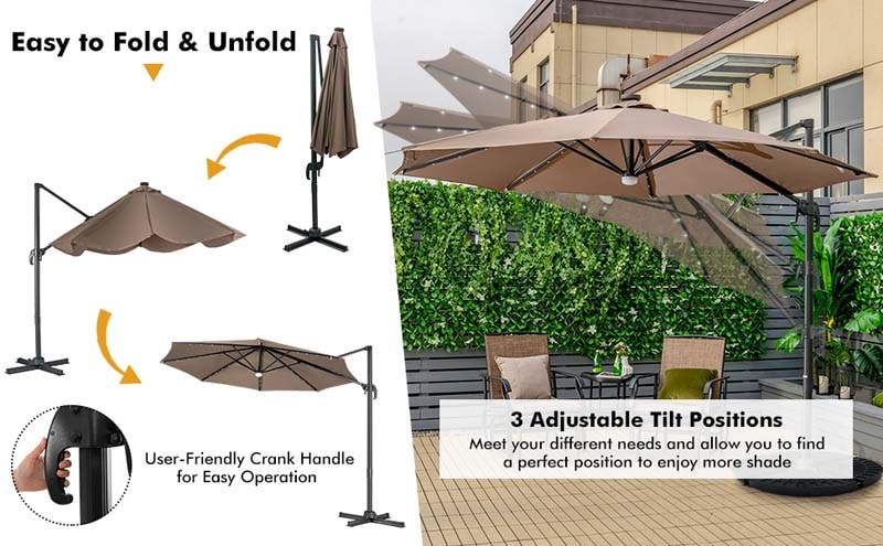 Eletriclife 10 Feet Cantilever Solar Umbrella 28LED Lighted Patio Offset Tilt 360°