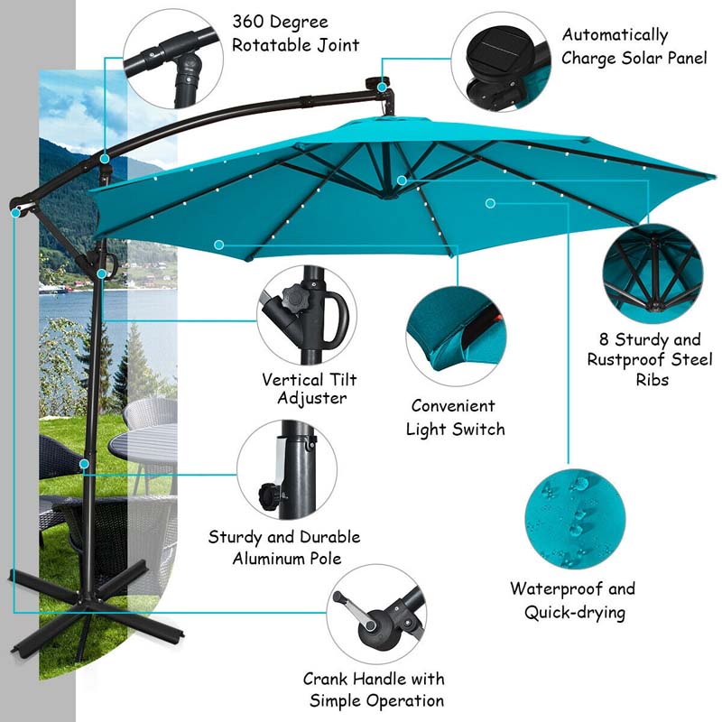 Eletriclife 10 Feet Solar Powered LED Patio Offset Umbrella without Weight Base
