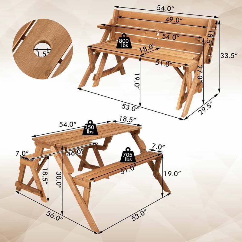 Eletriclife 2-in-1 Transforming Interchangeable Wooden Picnic Table Bench with Umbrella Hole