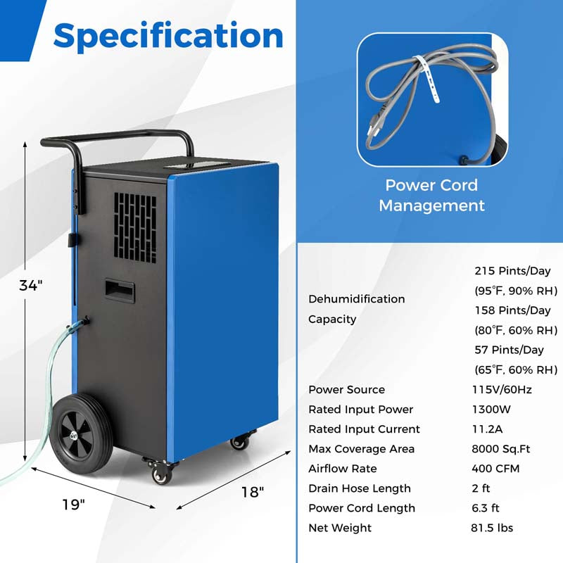 Eletriclife 215 Pints 8000 Sq.Ft Commercial Dehumidifier with Drain Hose