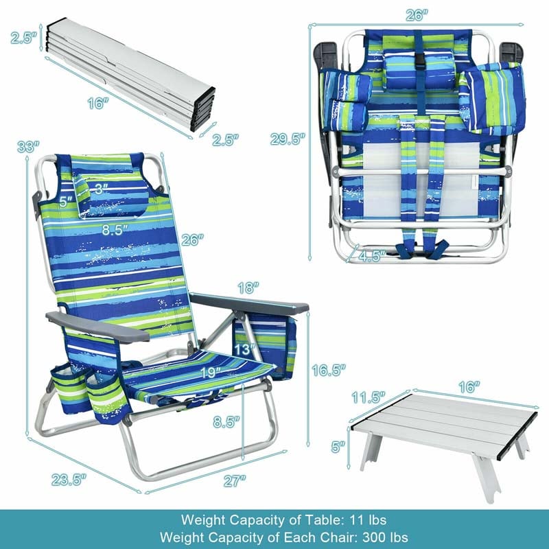 Eletriclife 2 Pack 5-Position Folding Backpack Beach Chair and Table Set