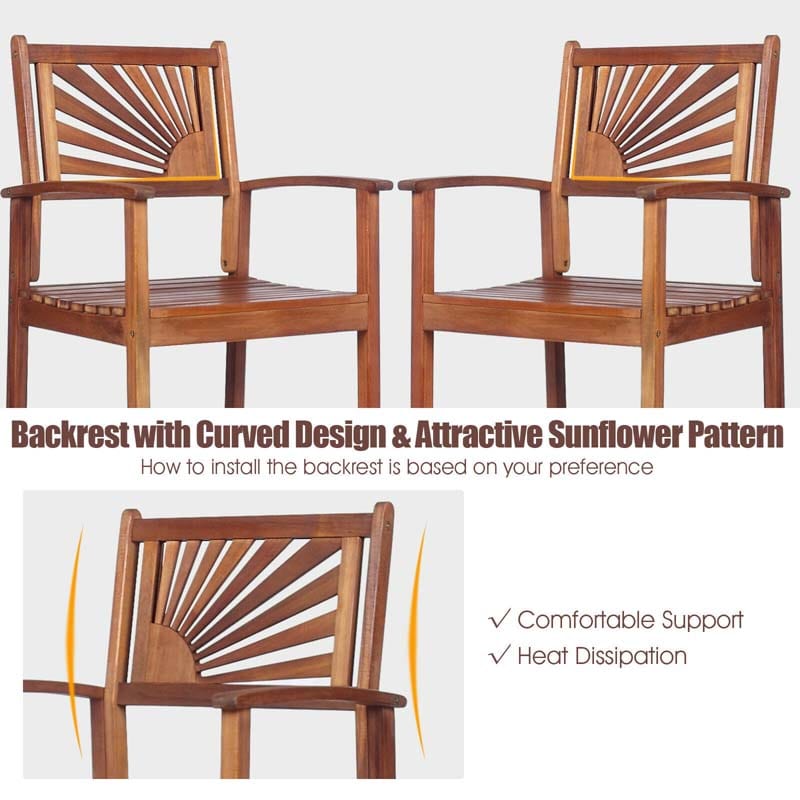 Eletriclife 2 Pieces Outdoor Acacia Wood Bar Chairs with Sunflower Backrest and Armrests