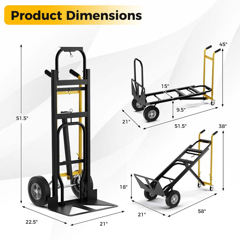 Eletriclife 3-in-1 Convertible Hand Truck Metal Dolly Cart with 4 Rubber Wheels