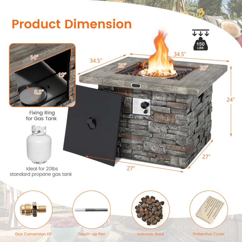 Eletriclife 34.5 Inch Square Propane Gas Fire Pit Table with Lava Rock and PVC Cover