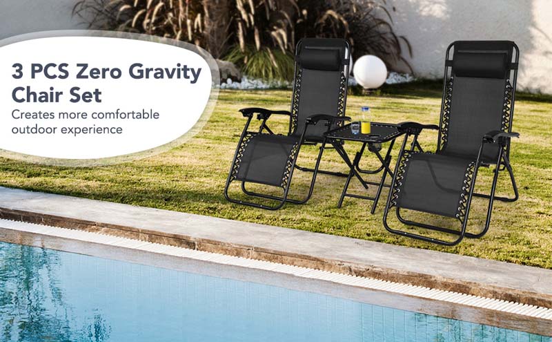 Eletriclife 3 Pieces Folding Portable Zero Gravity Reclining Lounge Chairs Table Set
