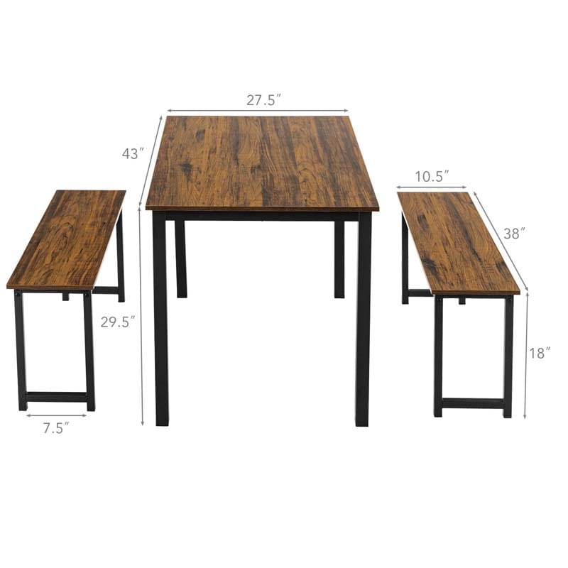 Eletriclife 3 Pieces Modern Dining Table Bench Set with Wooden Tabletop and Metal Frame