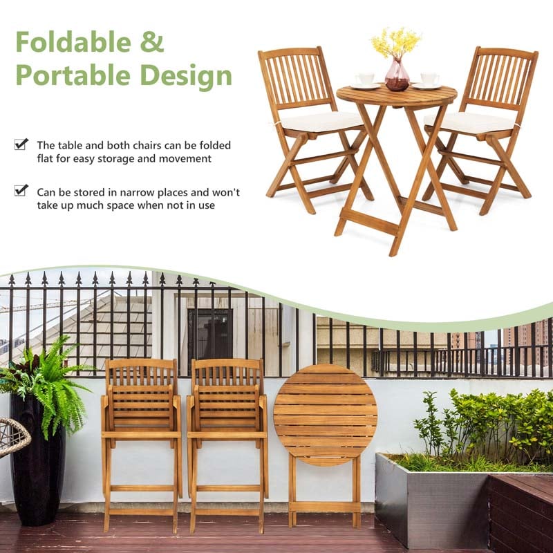 Eletriclife 3 Pieces Patio Folding Wooden Bistro Set Cushioned Chair