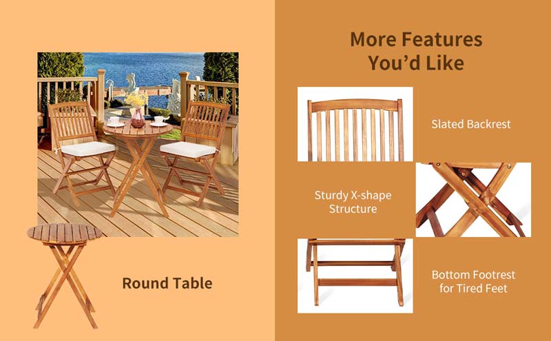 Eletriclife 3 Pieces Patio Folding Wooden Bistro Set Cushioned Chair