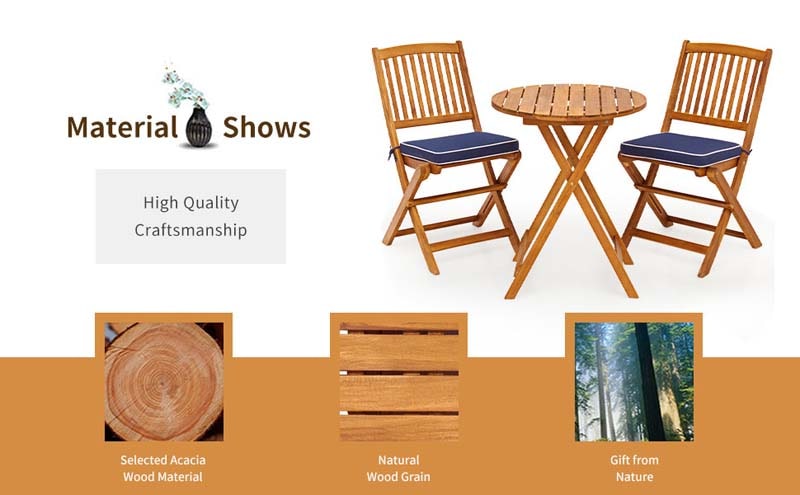 Eletriclife 3 Pieces Patio Folding Wooden Bistro Set Cushioned Chair