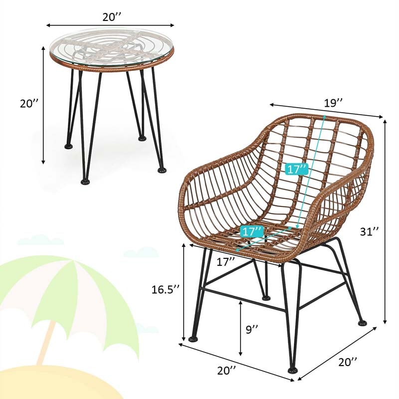 Eletriclife 3 Pieces Patio Rattan Bistro Set with Cushion