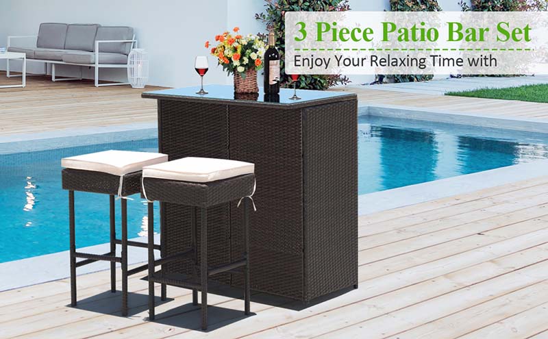 Eletriclife 3 Pieces Patio Rattan Wicker Bar Table Stools Dining Set