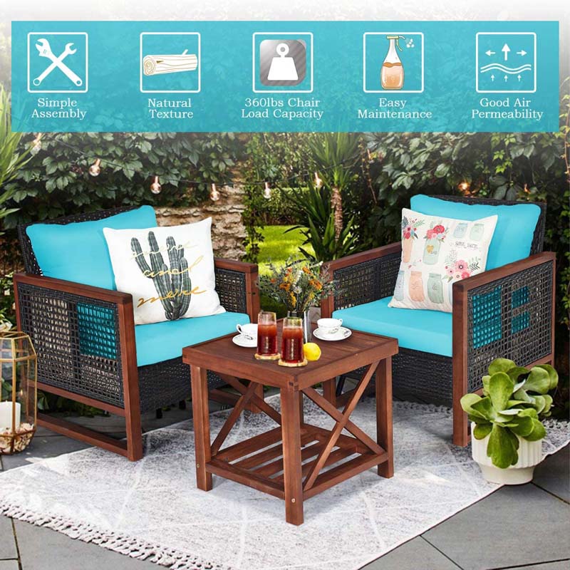 Eletriclife 3 Pieces Patio Wicker Furniture Sofa Set with Wooden Frame and Cushion