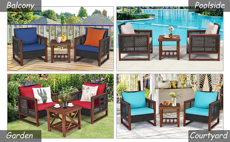 Eletriclife 3 Pieces Patio Wicker Furniture Sofa Set with Wooden Frame and Cushion