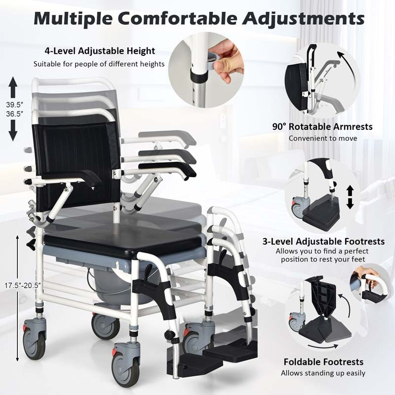 chairliving 4-in-1 Bedside Commode Chair Commode Wheelchair with Detachable Bucket