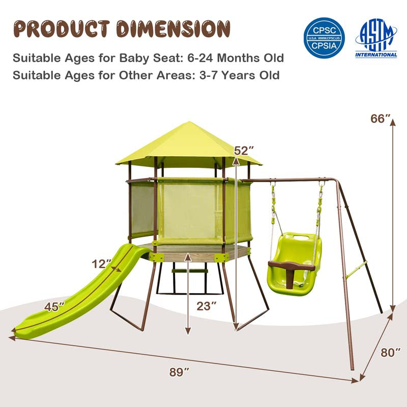 Eletriclife 4-in-1 Swing Set with Covered Playhouse Fort and Height Adjustable Baby Seat