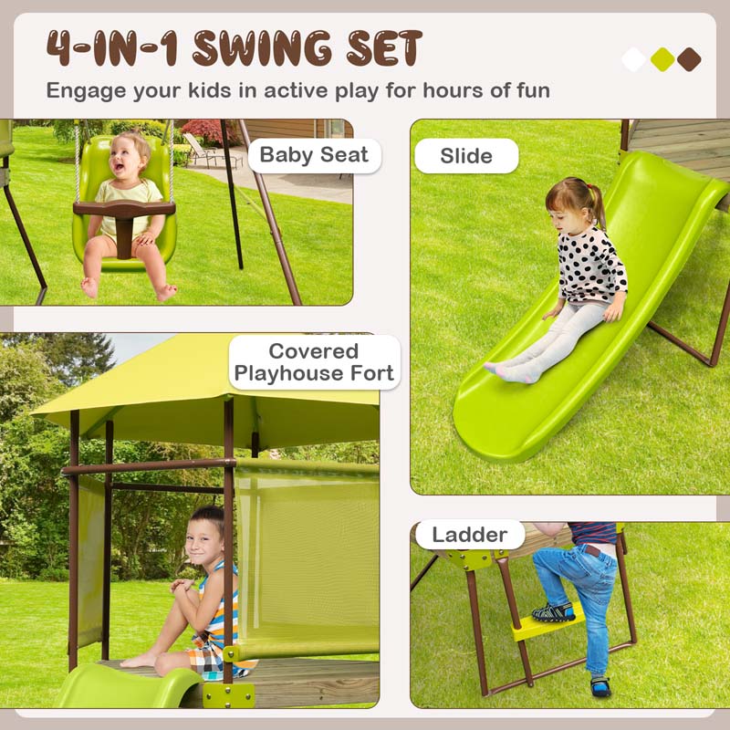 Eletriclife 4-in-1 Swing Set with Covered Playhouse Fort and Height Adjustable Baby Seat