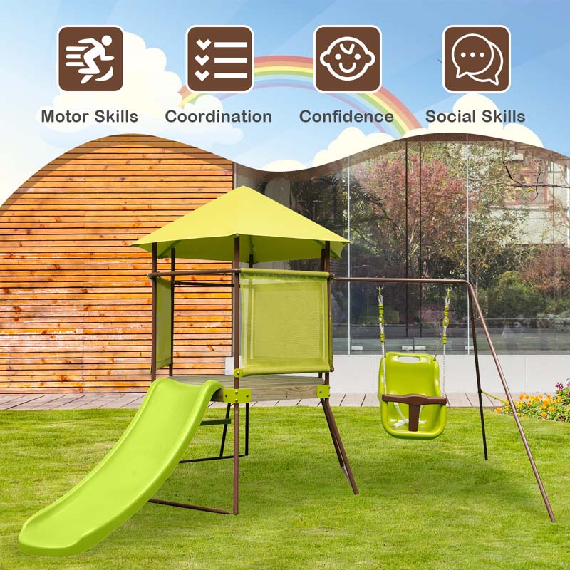 Eletriclife 4-in-1 Swing Set with Covered Playhouse Fort and Height Adjustable Baby Seat