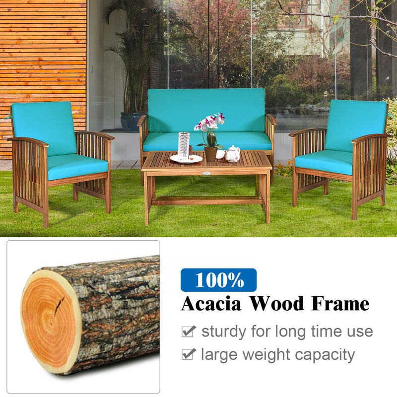 Eletriclife 4 Pcs Patio Solid Wood Furniture Set with Water Resistant Cushions
