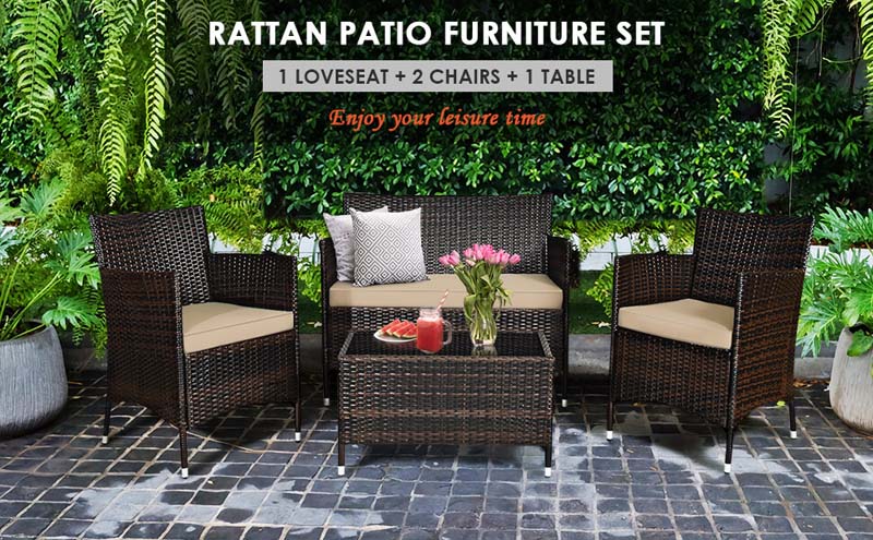 Eletriclife 4 Pcs Wicker Rattan Sofa Set with Glass Table and Cushions