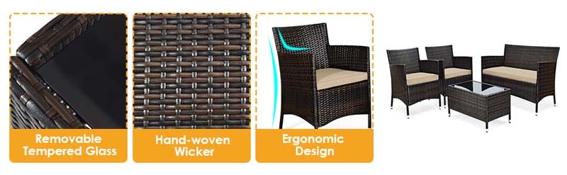 Eletriclife 4 Pcs Wicker Rattan Sofa Set with Glass Table and Cushions