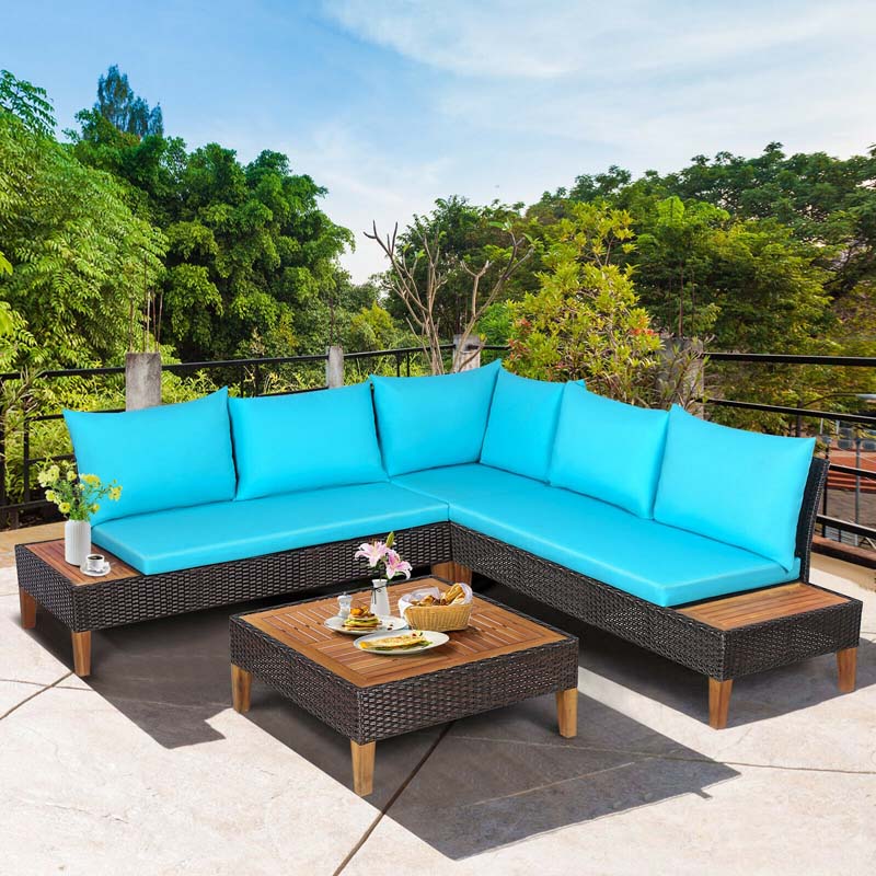 Eletriclife 4 Pieces Patio Cushioned Rattan Furniture Set with Wooden Side Table