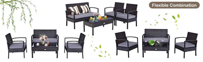 Eletriclife 4 Pieces Patio Rattan Cushioned Furniture Set with Loveseat and Table