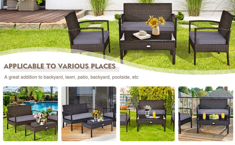 Eletriclife 4 Pieces Patio Rattan Cushioned Furniture Set with Loveseat and Table