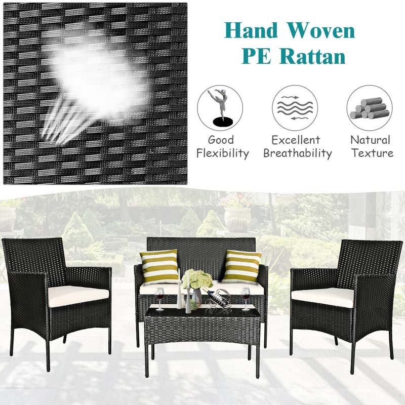 Eletriclife 4 Pieces Patio Rattan Cushioned Sofa Set with Tempered Glass Coffee Table