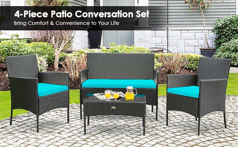 Eletriclife 4 Pieces Patio Rattan Cushioned Sofa Set with Tempered Glass Coffee Table