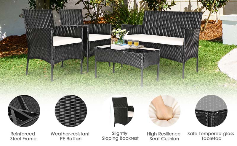 Eletriclife 4 Pieces Patio Rattan Cushioned Sofa Set with Tempered Glass Coffee Table