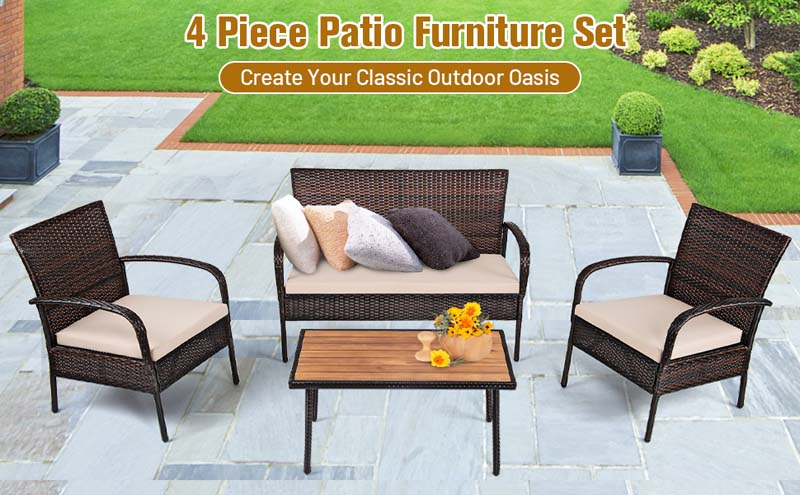 Eletriclife 4 Pieces Patio Rattan Outdoor Conversation Set with Cushions