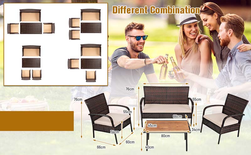 Eletriclife 4 Pieces Patio Rattan Outdoor Conversation Set with Cushions