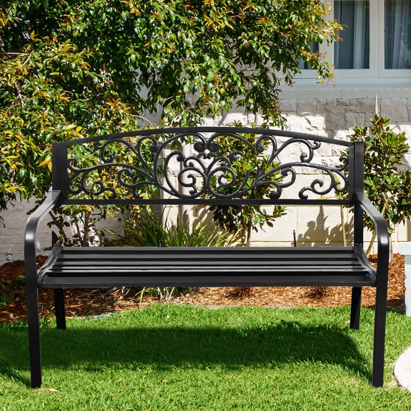 Eletriclife 50 Inch Patio Park Steel Frame Cast Iron Backrest Bench Porch Chair