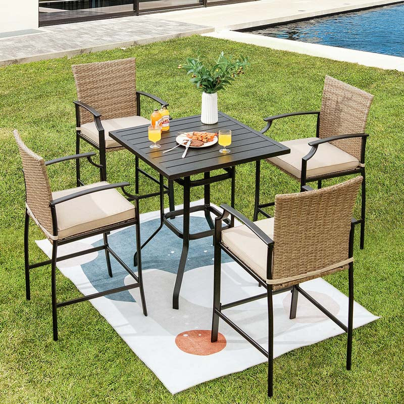 Eletriclife 5 Pcs Outdoor Rattan Bistro Bar Stool Table Set with Cushions