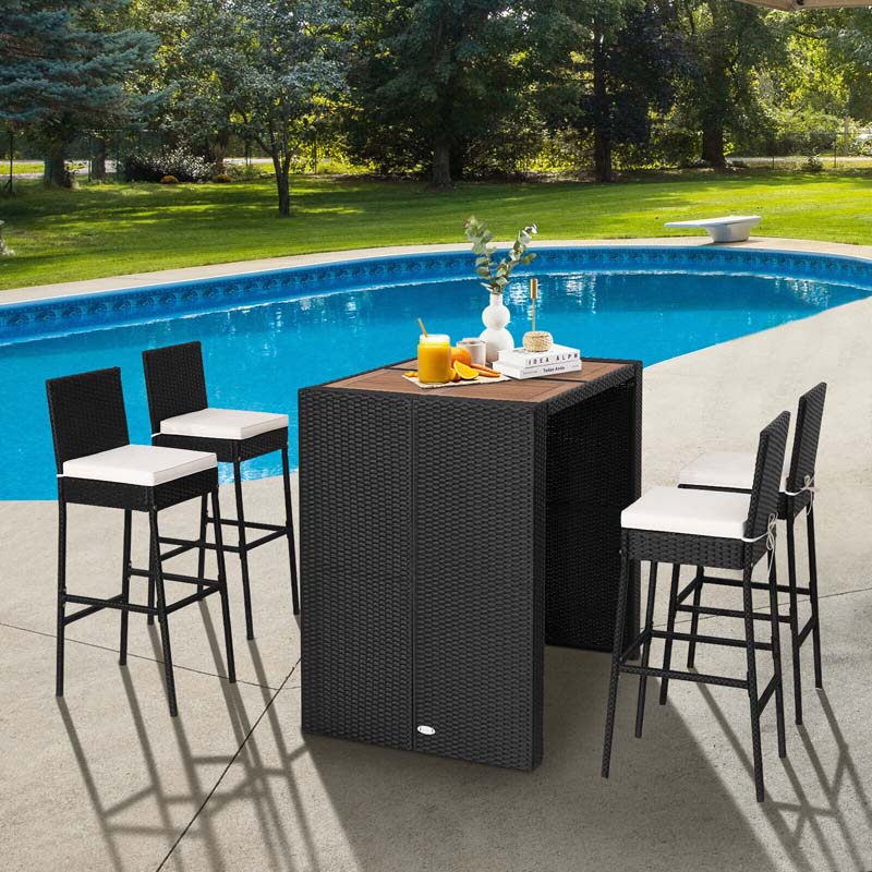 Eletriclife 5 Pcs Rattan Patio Bar Set with Acacia Wood Dining Tabletop