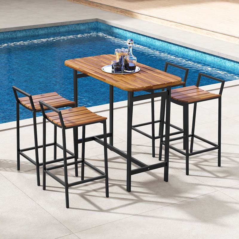 Eletriclife 5 Piece Acacia Wood Bar Table Set Bar Height Table and Chairs with Metal Frame and Footrest