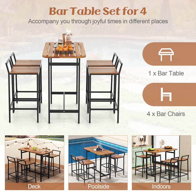 Eletriclife 5 Piece Acacia Wood Bar Table Set Bar Height Table and Chairs with Metal Frame and Footrest