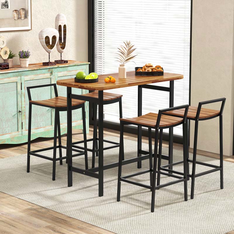 Eletriclife 5 Piece Acacia Wood Bar Table Set Bar Height Table and Chairs with Metal Frame and Footrest