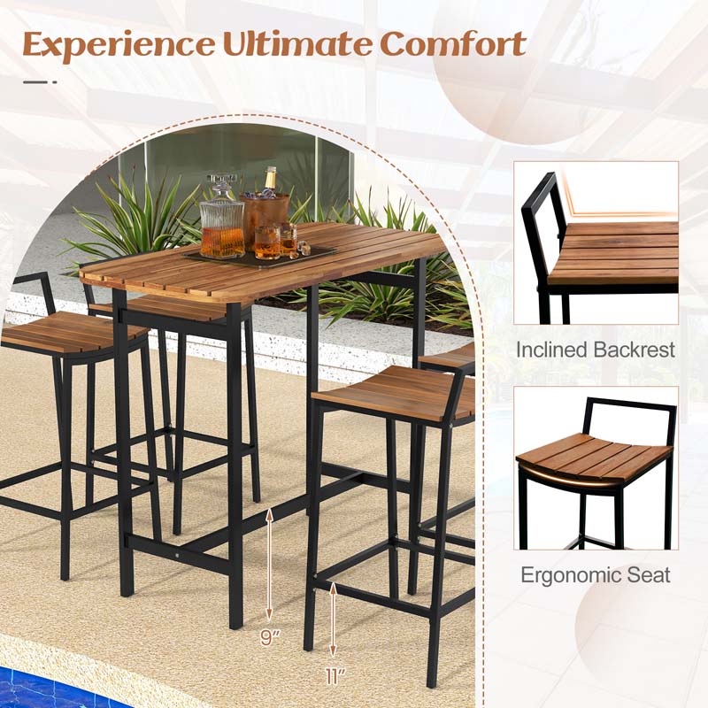 Eletriclife 5 Piece Acacia Wood Bar Table Set Bar Height Table and Chairs with Metal Frame and Footrest