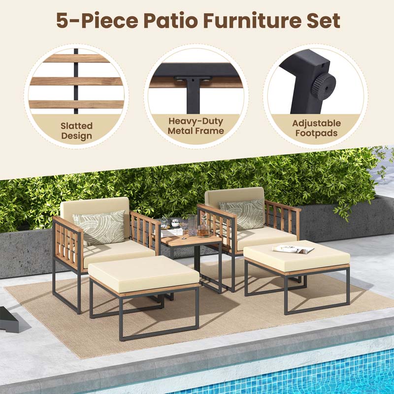 Eletriclife 5 Piece Outdoor Furniture Set Acacia Wood Chair Set with Ottomans and Coffee Table