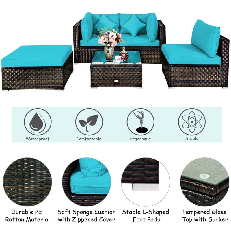 Eletriclife 5 Pieces Outdoor Patio Rattan Furniture Sectional Set with Cushions