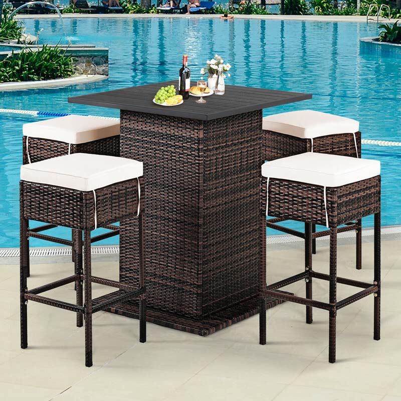 Eletriclife 5 Pieces Patio Rattan Bar Table Stool Set Hidden Storage Shelf Cushioned