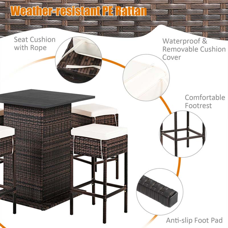 Eletriclife 5 Pieces Patio Rattan Bar Table Stool Set Hidden Storage Shelf Cushioned