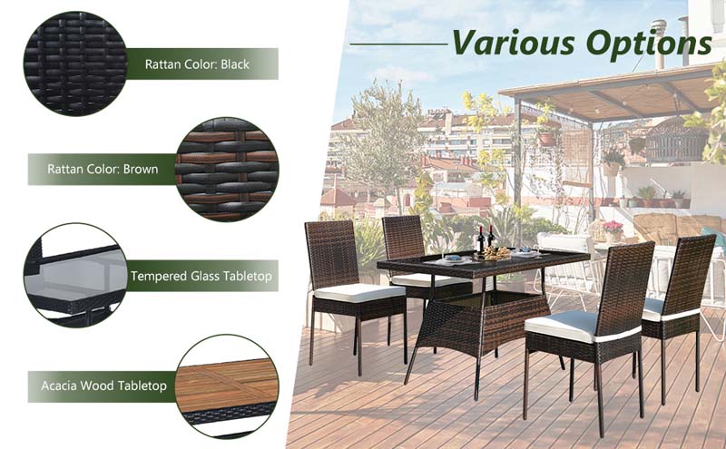 Eletriclife 5 Pieces Patio Rattan Dining Set Table with Wooden Top